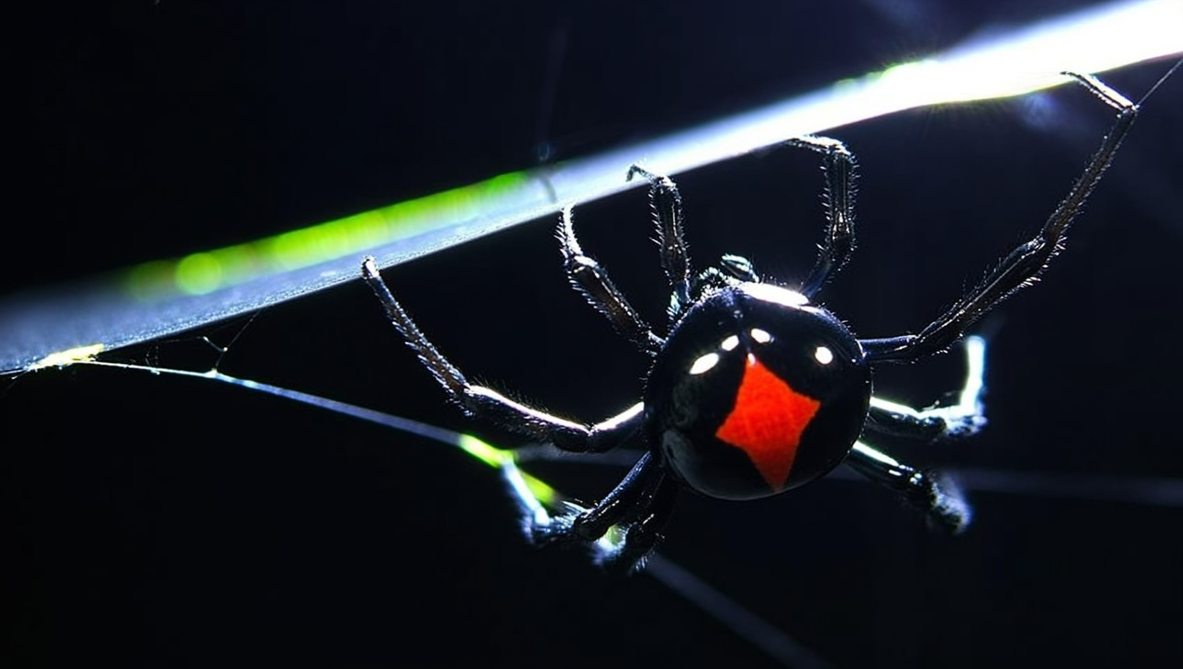 Adult female black widow spider (Latrodectus hesperus) clinging to its web in a Boise garage corner, showing the diagnostic red hourglass marking on its glossy black underside