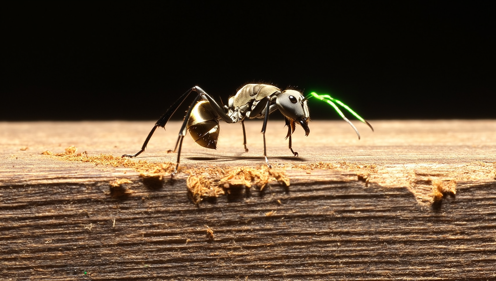 Macro photo of a black carpenter ant (Camponotus modoc) on damp framing, the Idaho structural pest species most commonly mistaken for termite damage.