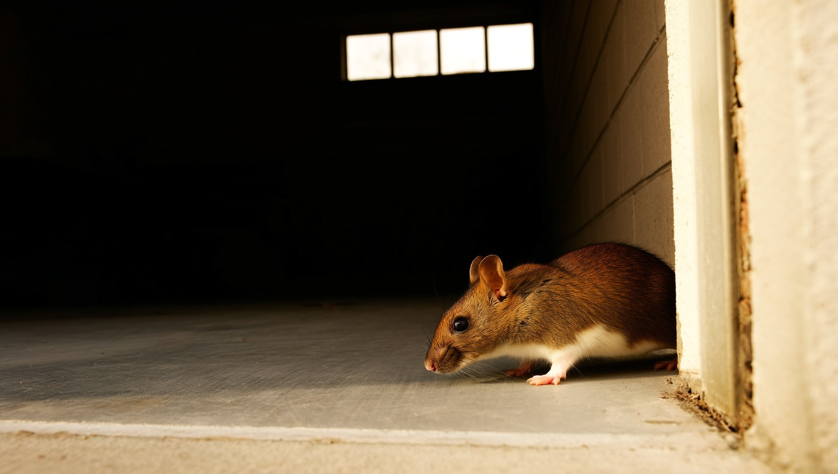 Macro photo of a house mouse (Mus musculus) showing the slender body and long tail equal to body length, typical of indoor Treasure Valley rodent infestations October through March.