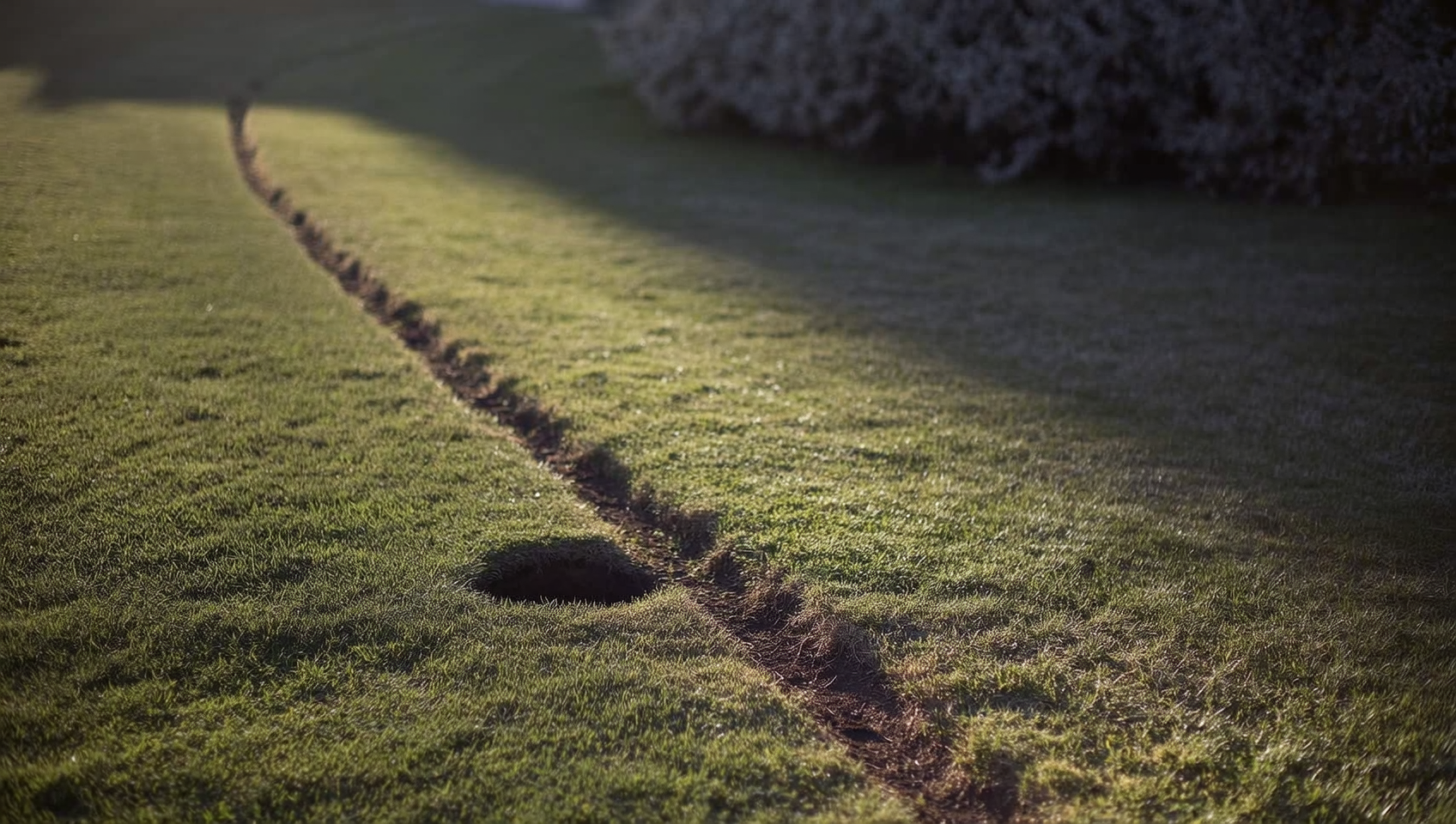 Macro photo of vole runway damage through a Treasure Valley lawn at golden hour, the lawn-pest species Boise Bug Bombers treats