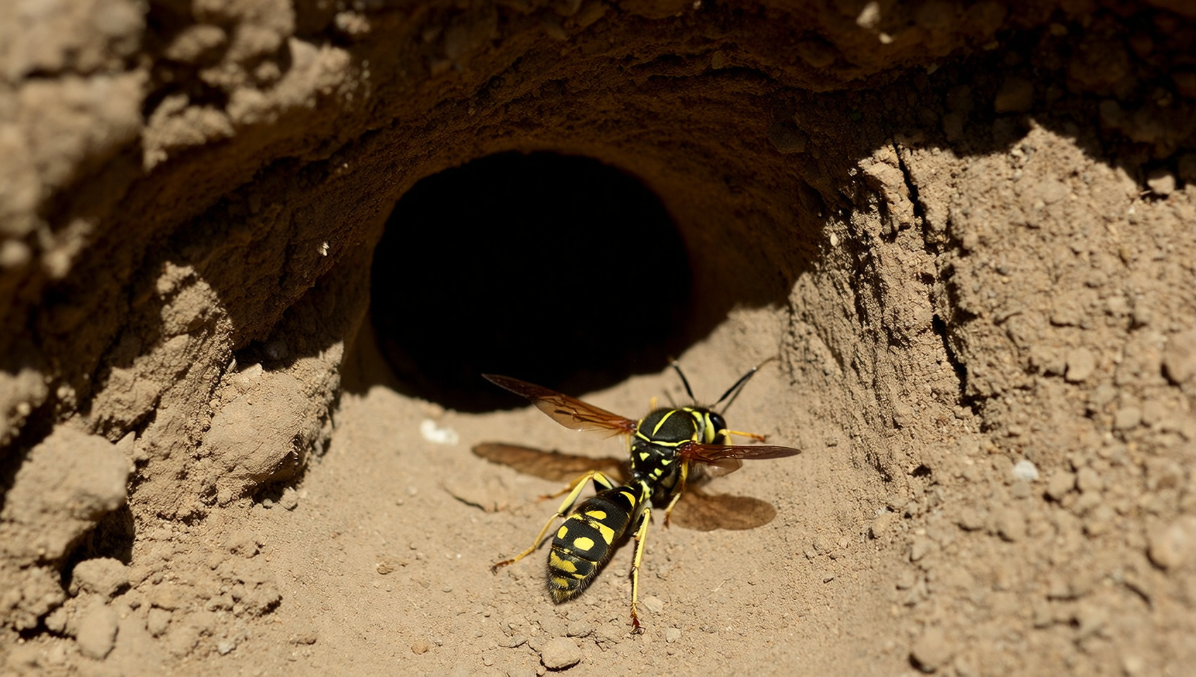 Macro photo of a western yellowjacket on its hidden ground nest, one of the three vespid species treated by Boise Bug Bombers during Idaho's April through October wasp season.