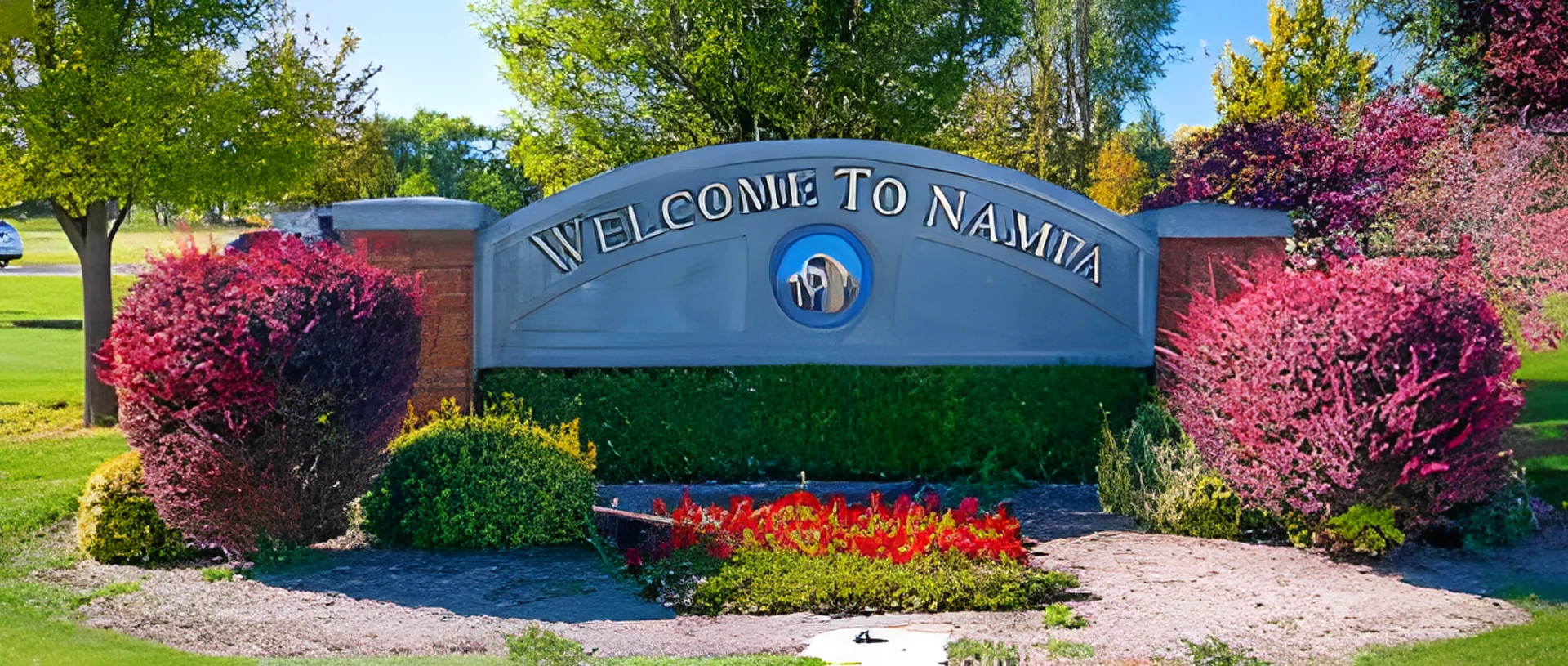 Photograph of the WELCOME TO NAMPA city entry sign in Nampa, Idaho — landscaped flower beds and shrubs framing the sign, the Canyon County city served by Boise Bug Bombers