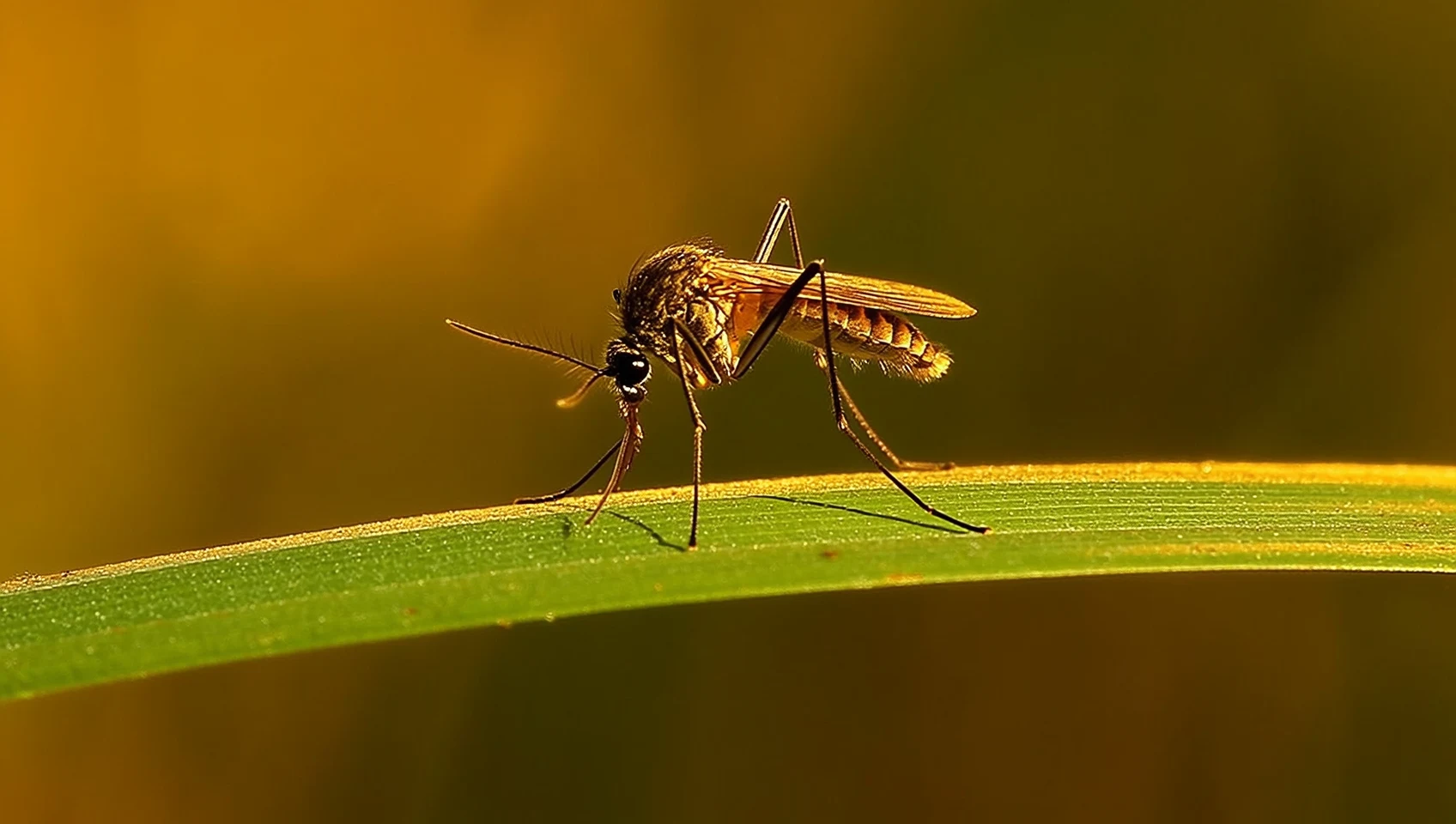 Macro photo of a mosquito resting on a dewy lawn blade — the seasonal pest Boise Bug Bombers treats
