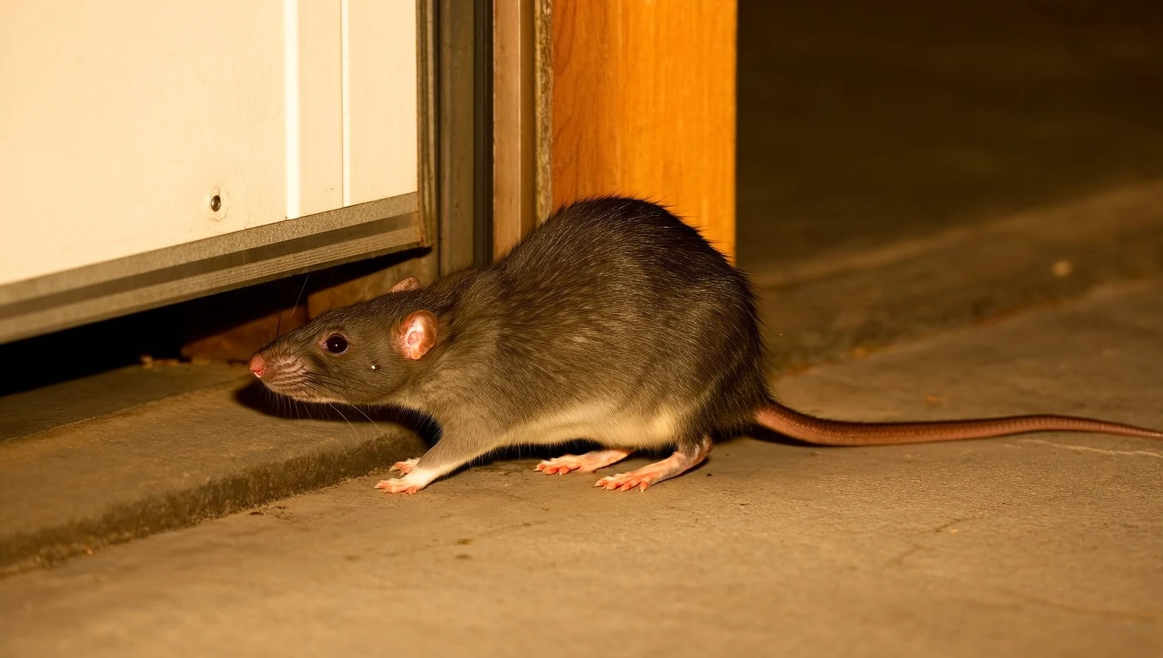 Macro photo of a Norway rat at the edge of a residential garage doorway in the Treasure Valley